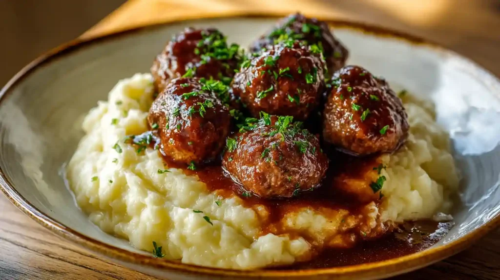Salisbury Steak Meatballs with Garlic Herb Mashed Potatoes
